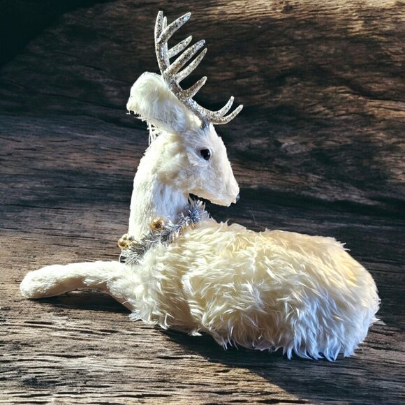 White Fur Sitting Deer - Sparkle Antlers - Christmas Collar - Home Decor - Picture 3 of 6
